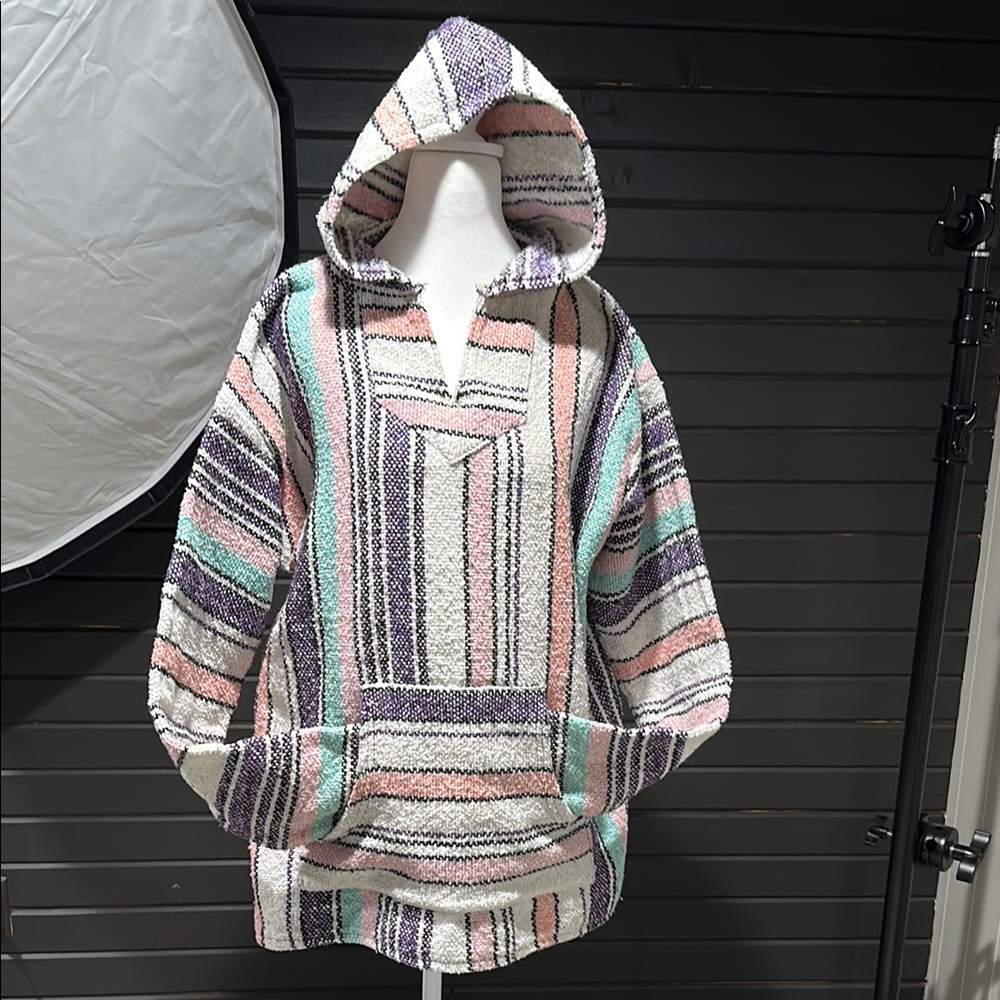 IGUANA JACK BAJA PASTEL BUBBLE GUM Striped Hooded Baja Pullover size XL